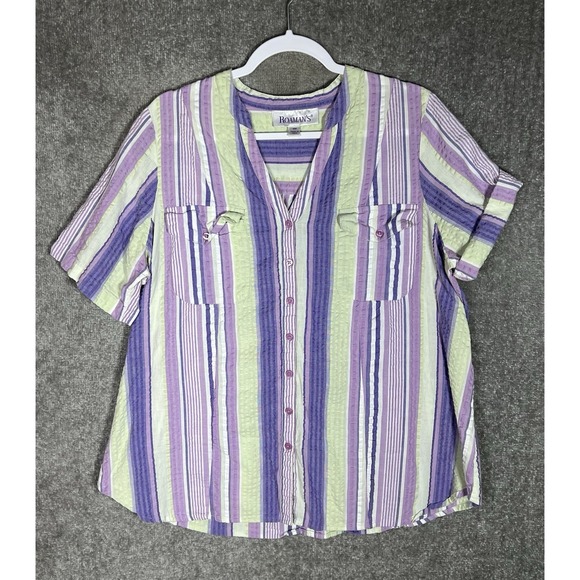 Roamans Seersucker Striped Button Up Top Womens Sz 18W‎ Purple Pockets Roll Tab - Picture 1 of 8